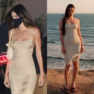 ANEMOS 90s Beige Stretch Slub Linen Square Neck Tie Open Back Midi Slip Dress S‎